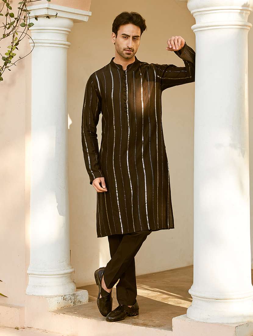 Men Solid With Work Mandarin Neck Kurta Pyjama Set - 22481139 -  Standard Image - 3