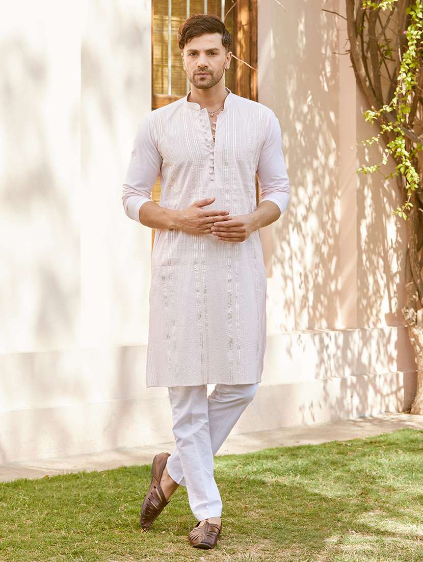 men solid with work mandarin neck kurta pyjama set