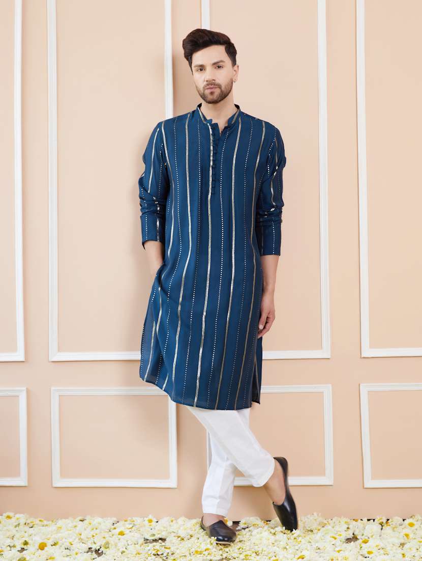 men solid with work mandarin neck kurta pyjama set