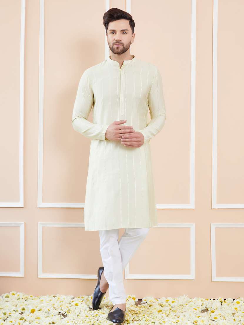 men solid with work mandarin neck kurta pyjama set