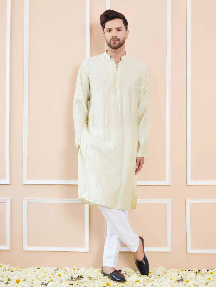 men solid with work mandarin neck kurta pyjama set