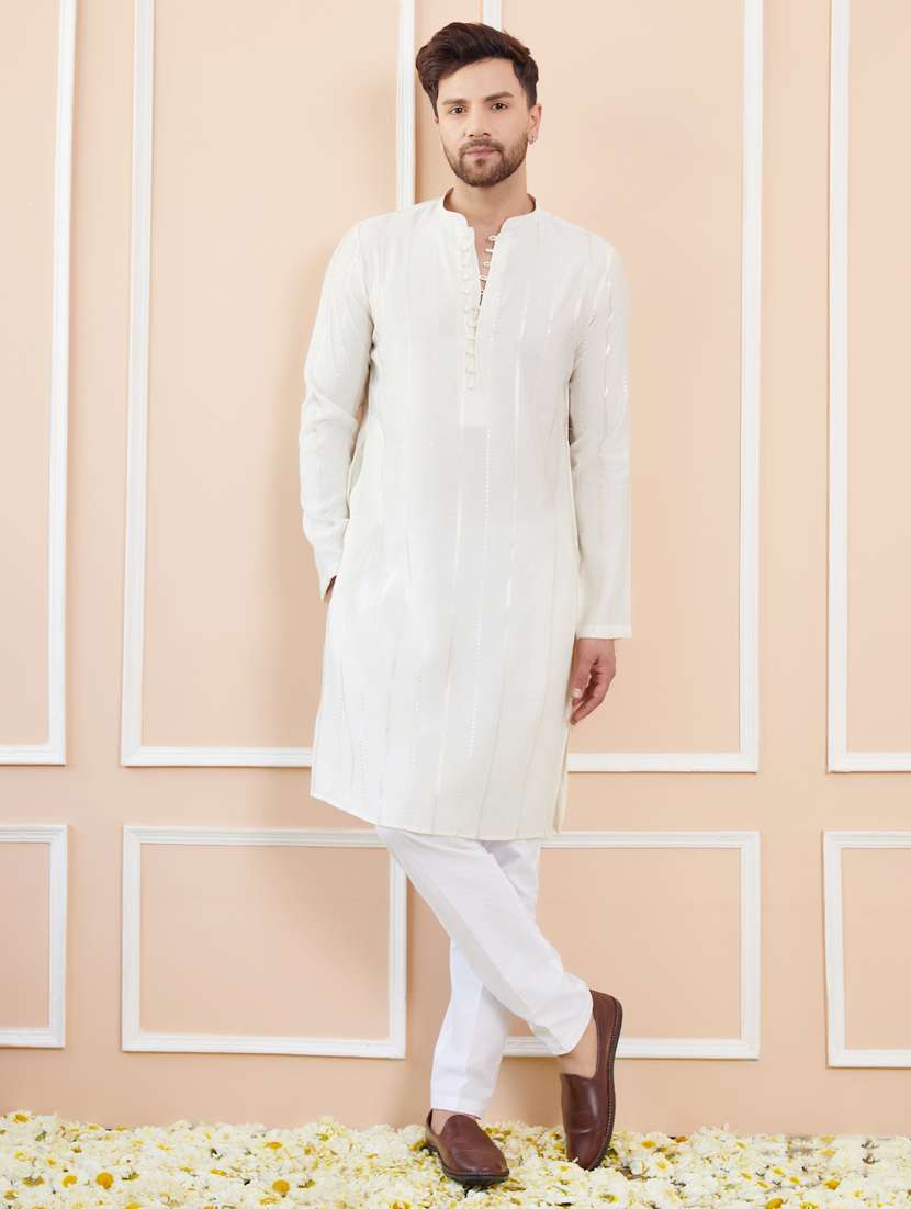 men solid with work mandarin neck kurta pyjama set