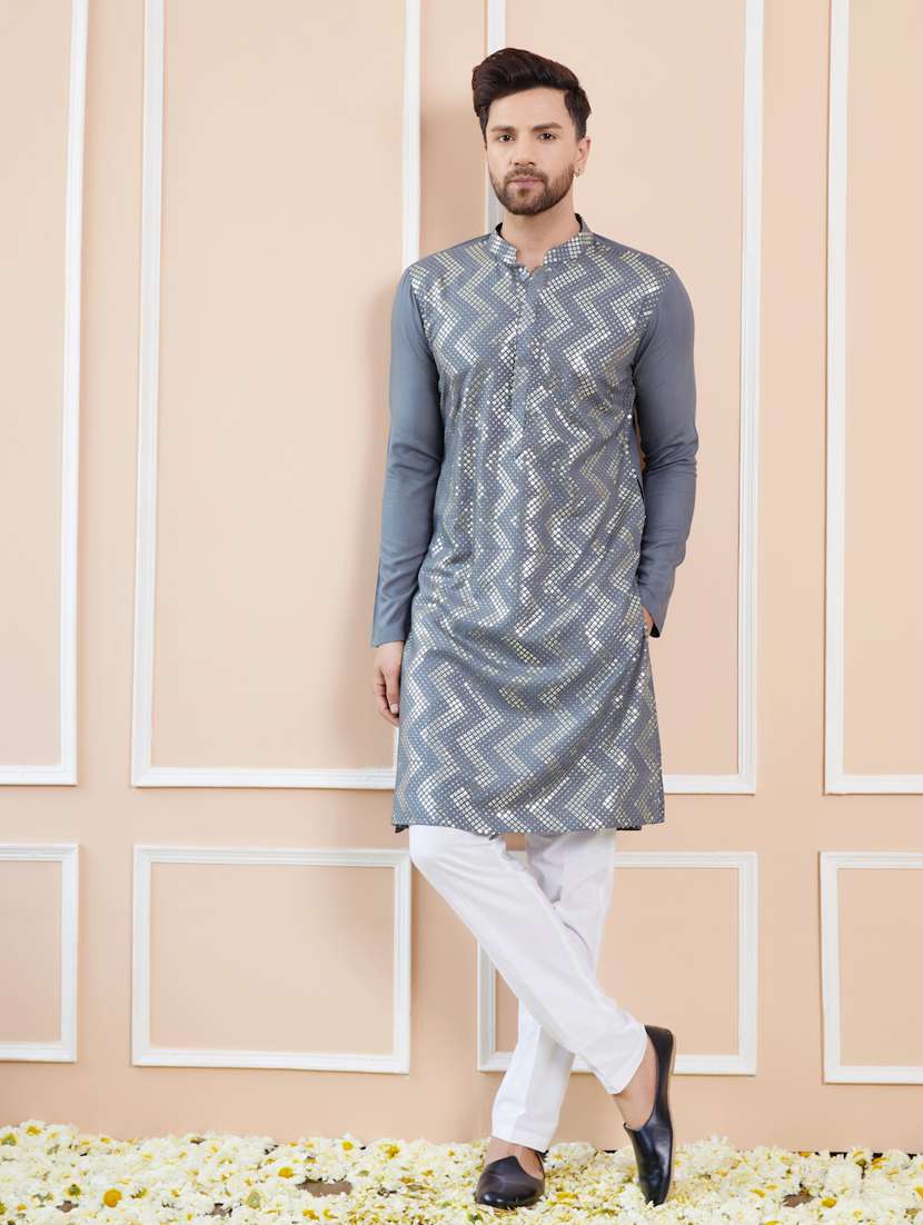 men solid with work mandarin neck kurta pyjama set