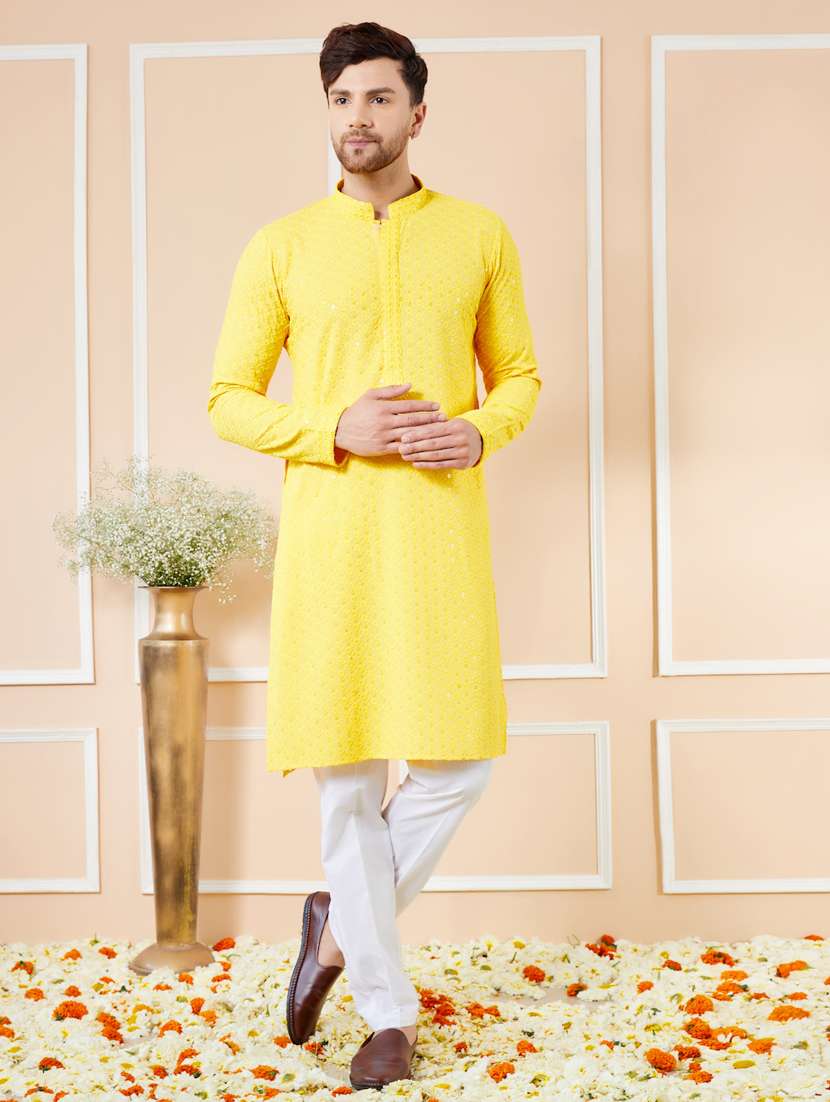 men solid with work mandarin neck kurta pyjama set