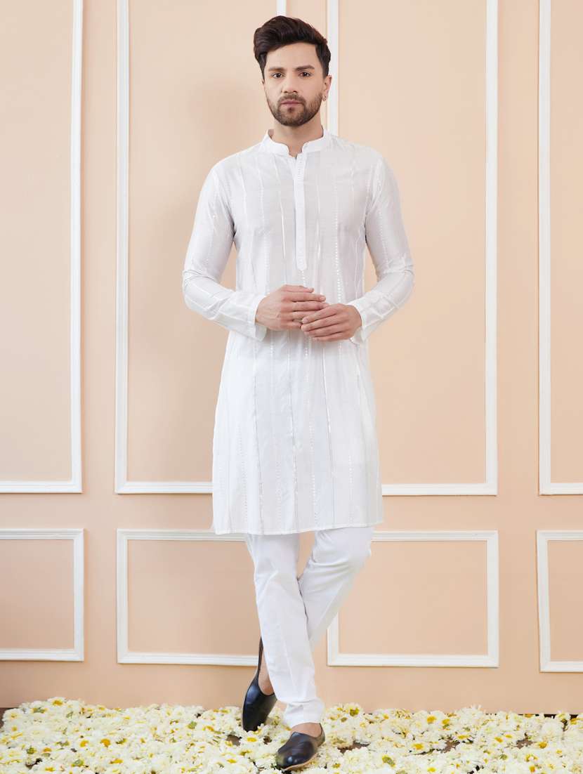 men solid with work mandarin neck kurta pyjama set