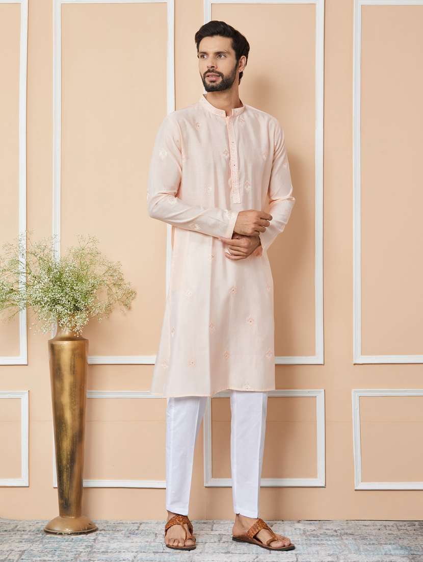 men solid with work mandarin neck kurta pyjama set
