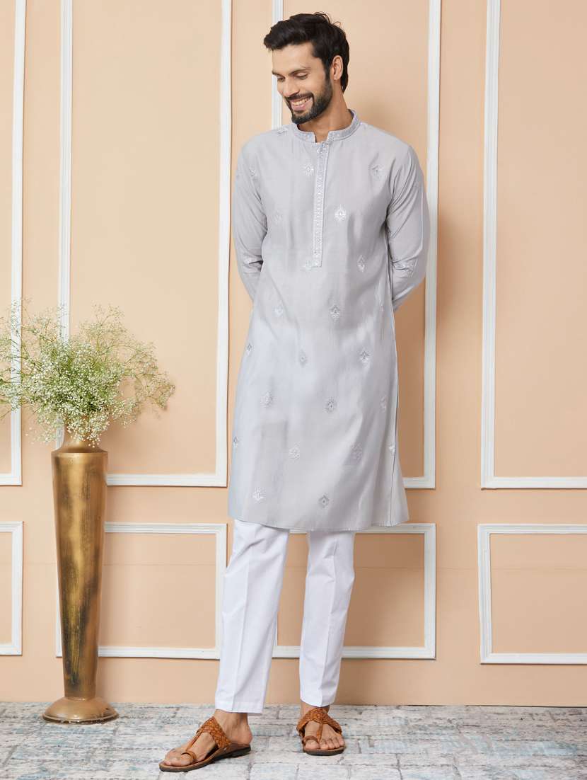 men solid with work mandarin neck kurta pyjama set