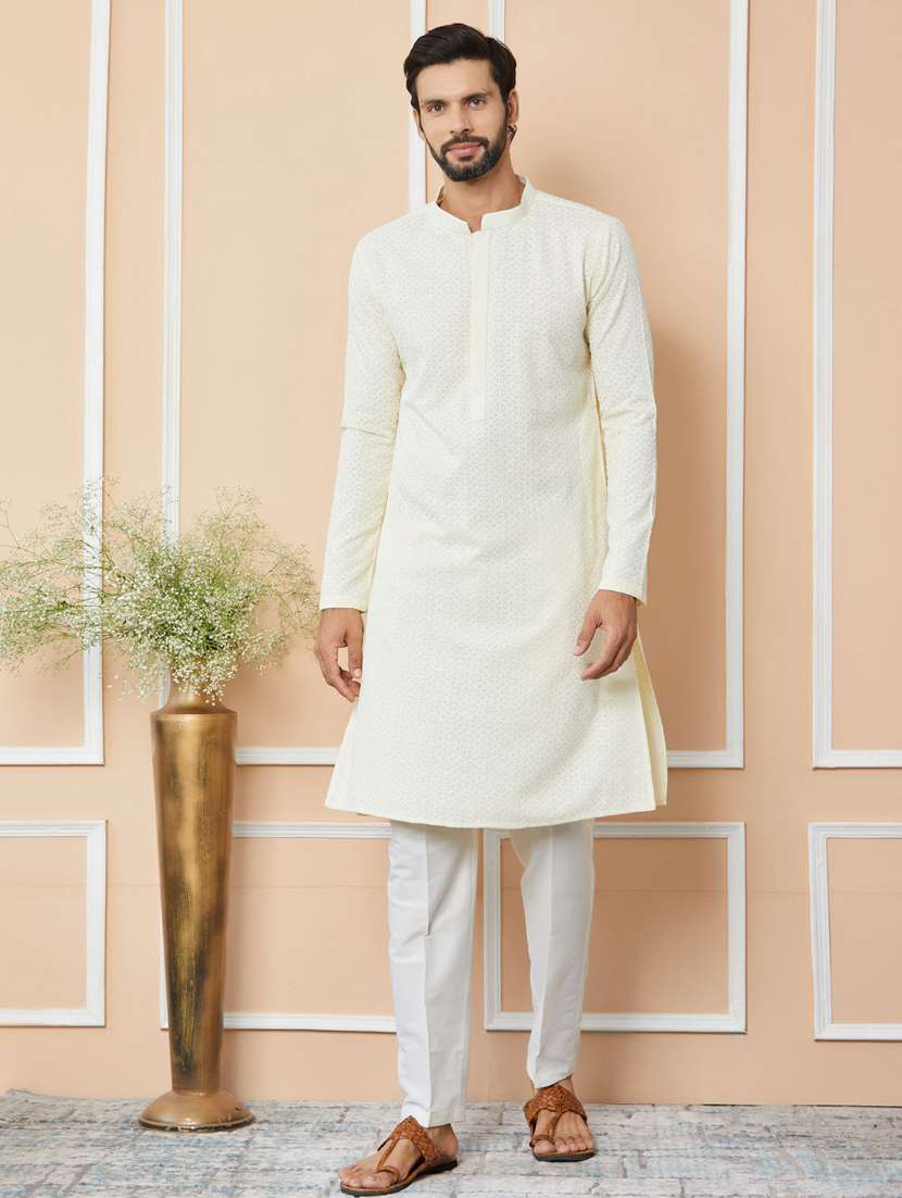 men solid with work mandarin neck kurta pyjama set