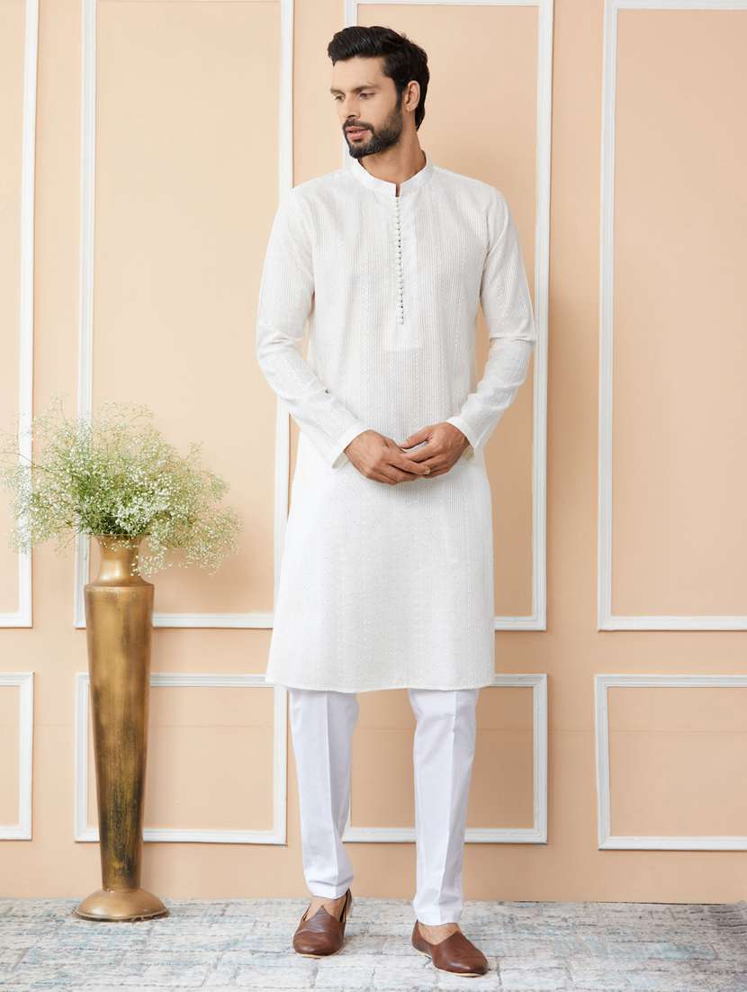 men solid with work mandarin neck kurta pyjama set