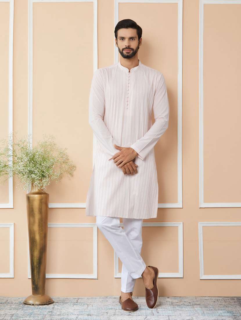 men solid with work mandarin neck kurta pyjama set