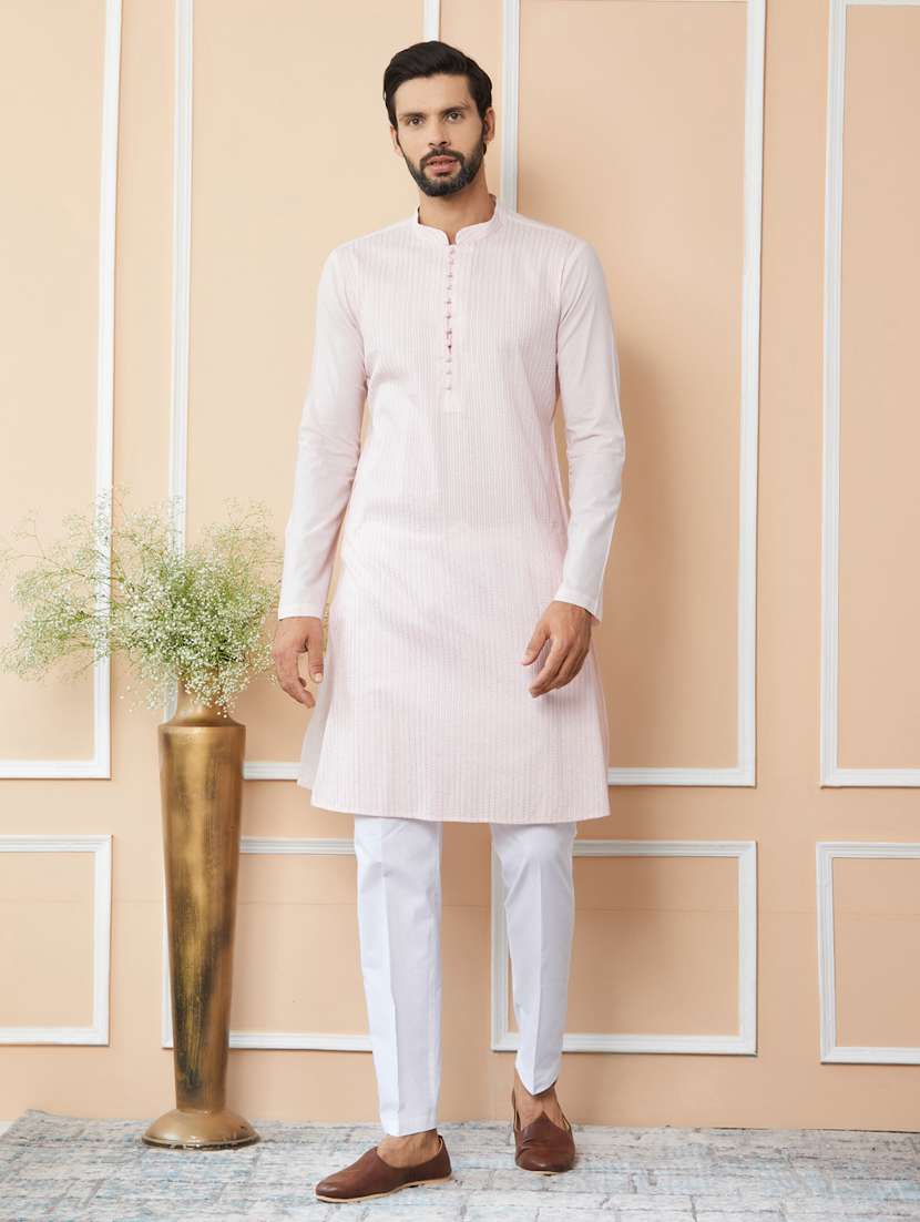 men solid with work mandarin neck kurta pyjama set
