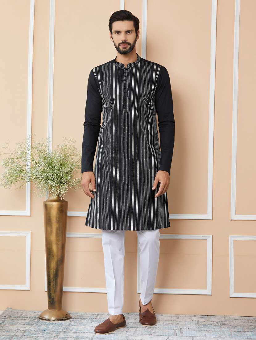 men solid with work mandarin neck kurta pyjama set