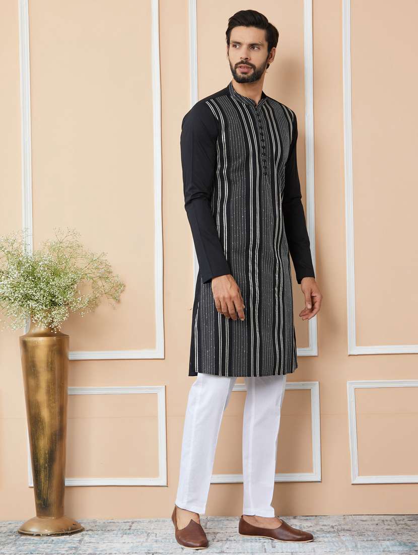 men solid with work mandarin neck kurta pyjama set - 22481204 -  Standard Image - 3