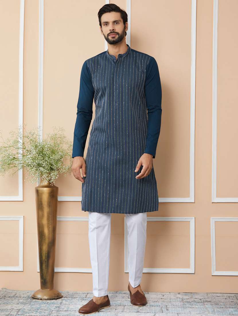 men solid with work mandarin neck kurta pyjama set