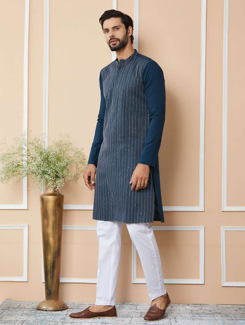 men solid with work mandarin neck kurta pyjama set - 22481206 -  Standard Image - 3