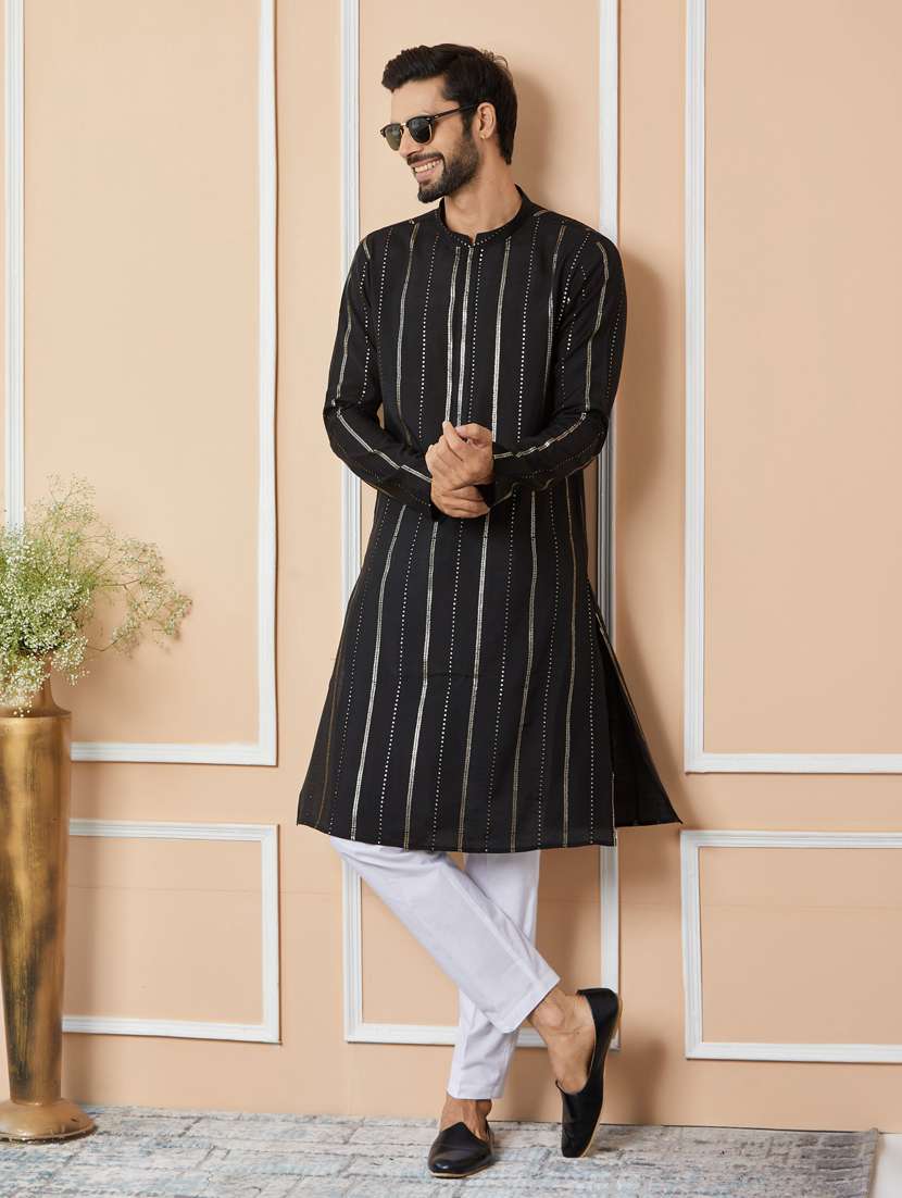 men solid with work mandarin neck kurta pyjama set