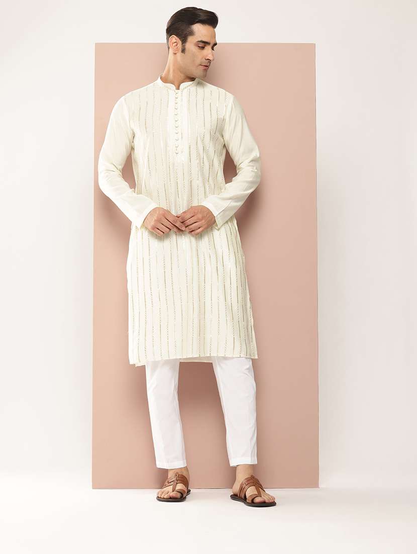 men solid with work mandarin neck kurta pyjama set