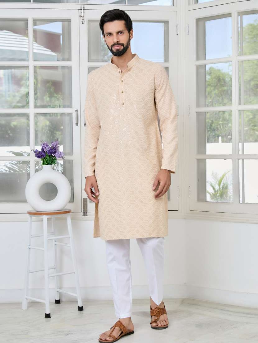 men solid with work mandarin neck kurta pyjama set