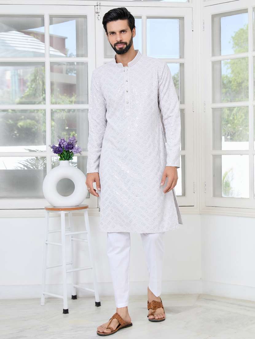 men solid with work mandarin neck kurta pyjama set