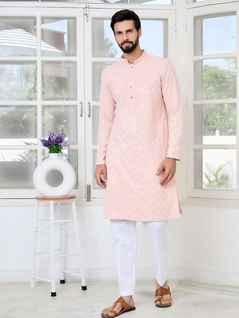 men solid with work mandarin neck kurta pyjama set