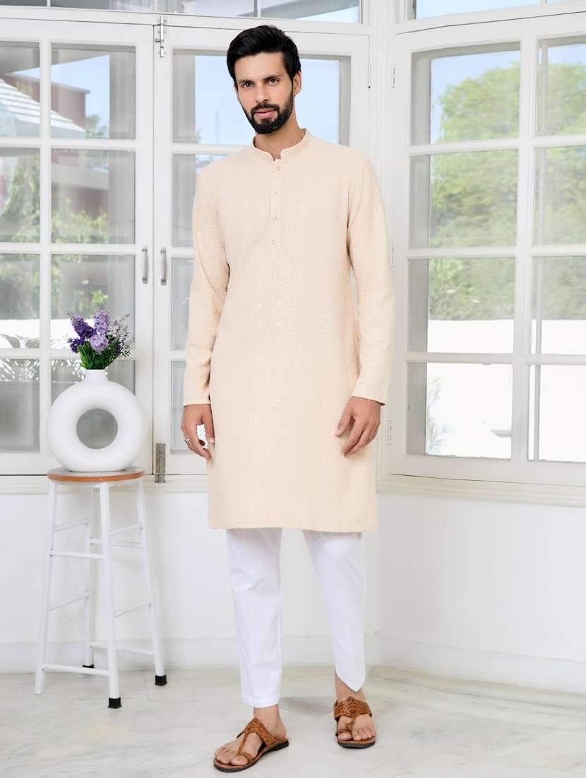 men solid with work mandarin neck kurta pyjama set