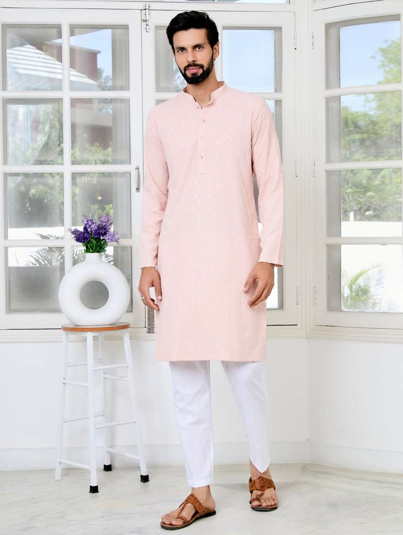 men solid with work mandarin neck kurta pyjama set
