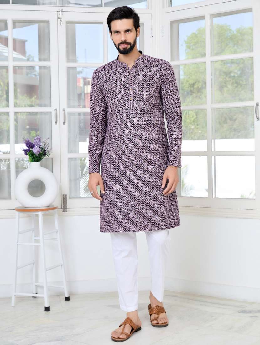 men solid with work mandarin neck kurta pyjama set