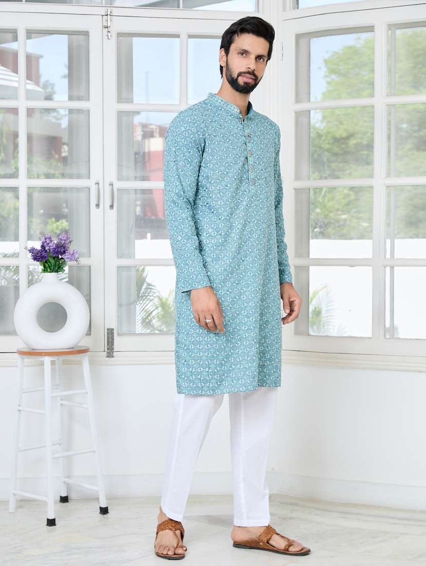 men solid with work mandarin neck kurta pyjama set - 22481257 -  Standard Image - 3
