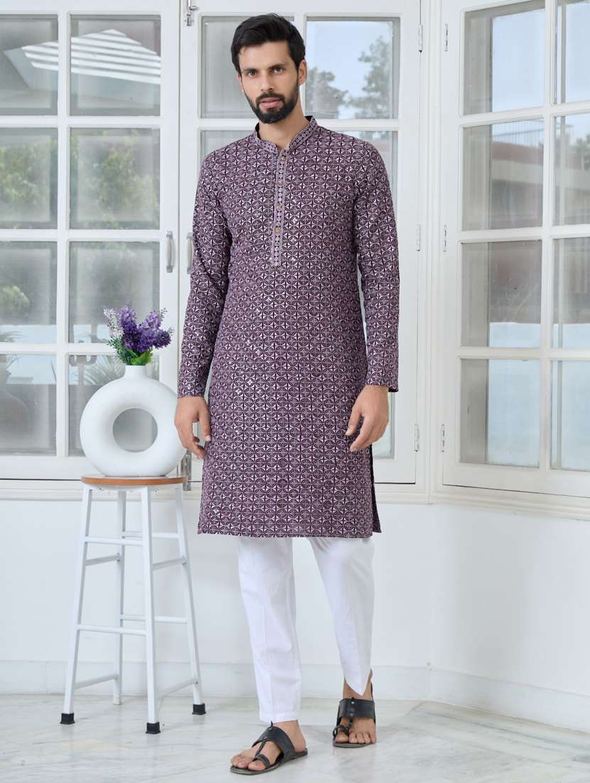 men solid with work mandarin neck kurta pyjama set