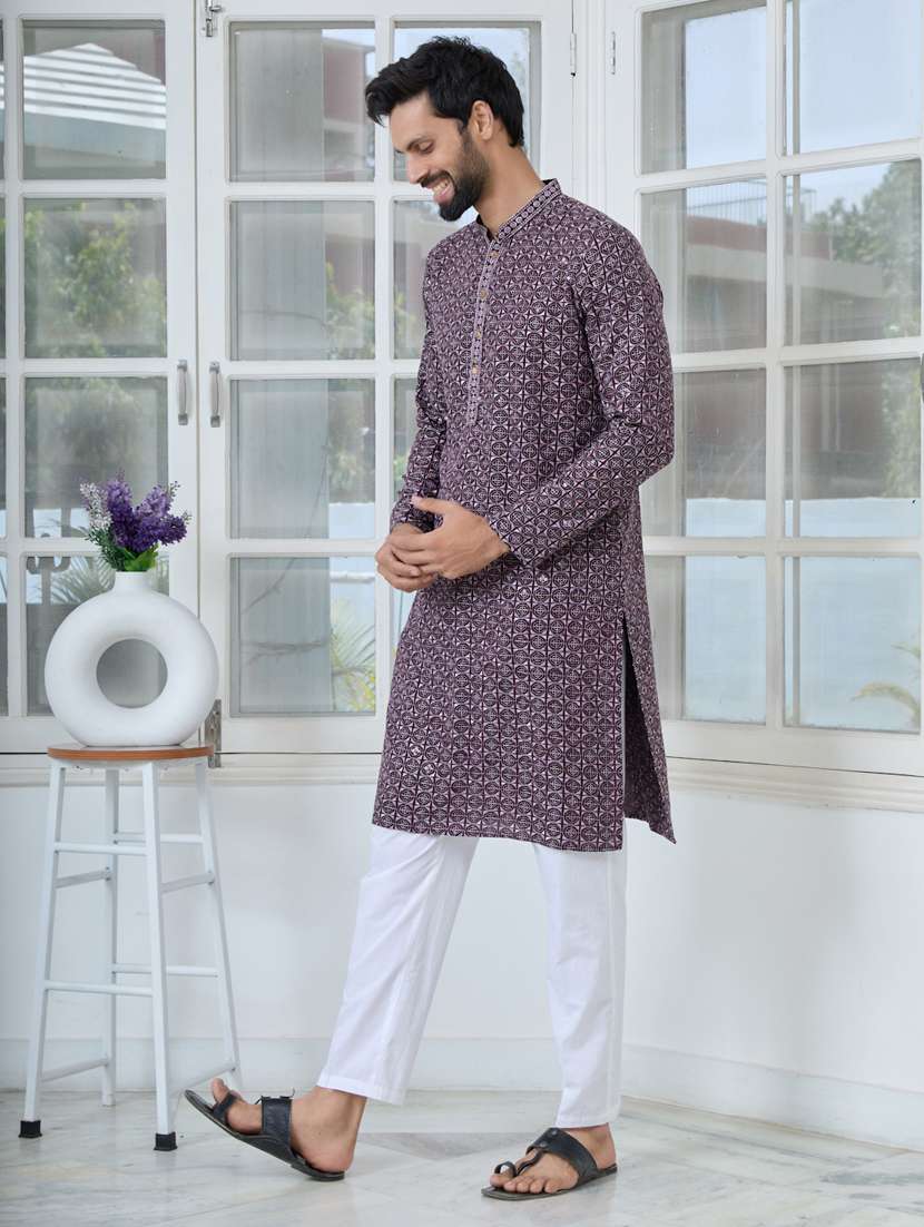 men solid with work mandarin neck kurta pyjama set - 22481261 -  Standard Image - 3