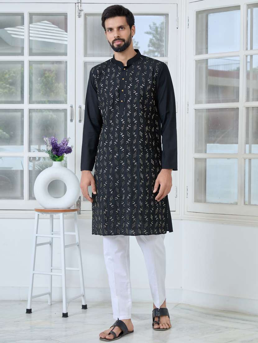 men solid with work mandarin neck kurta pyjama set