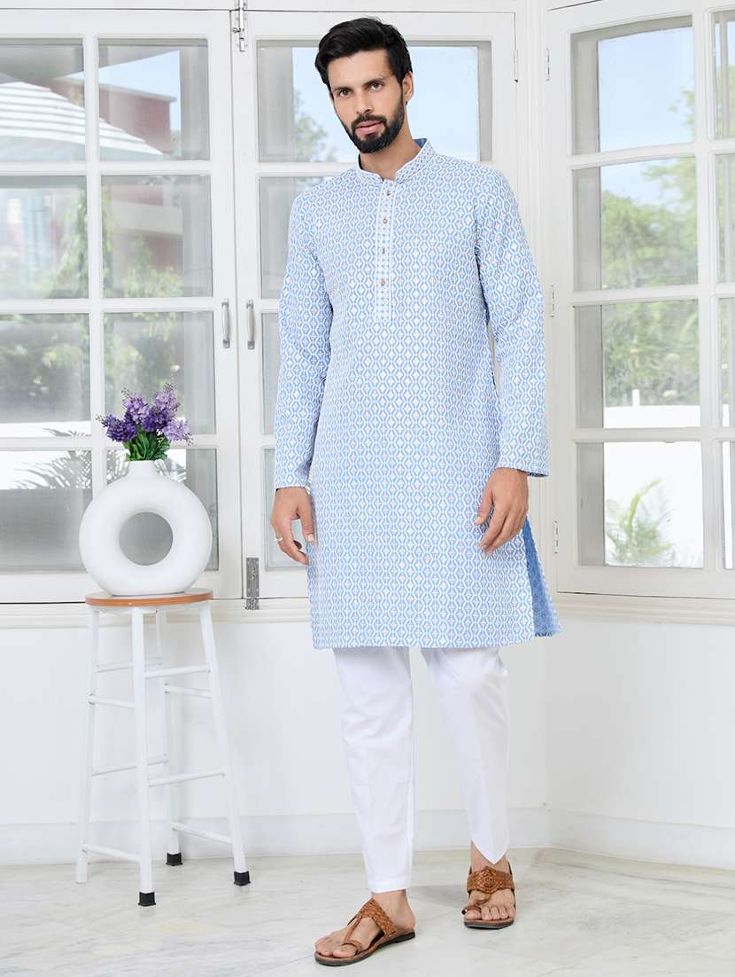 men solid with work mandarin neck kurta pyjama set