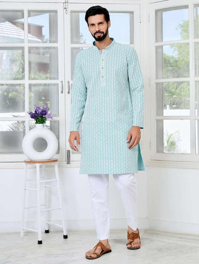 men solid with work mandarin neck kurta pyjama set