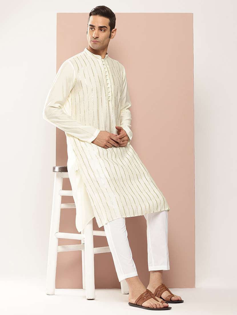 men solid with work mandarin neck kurta pyjama set
