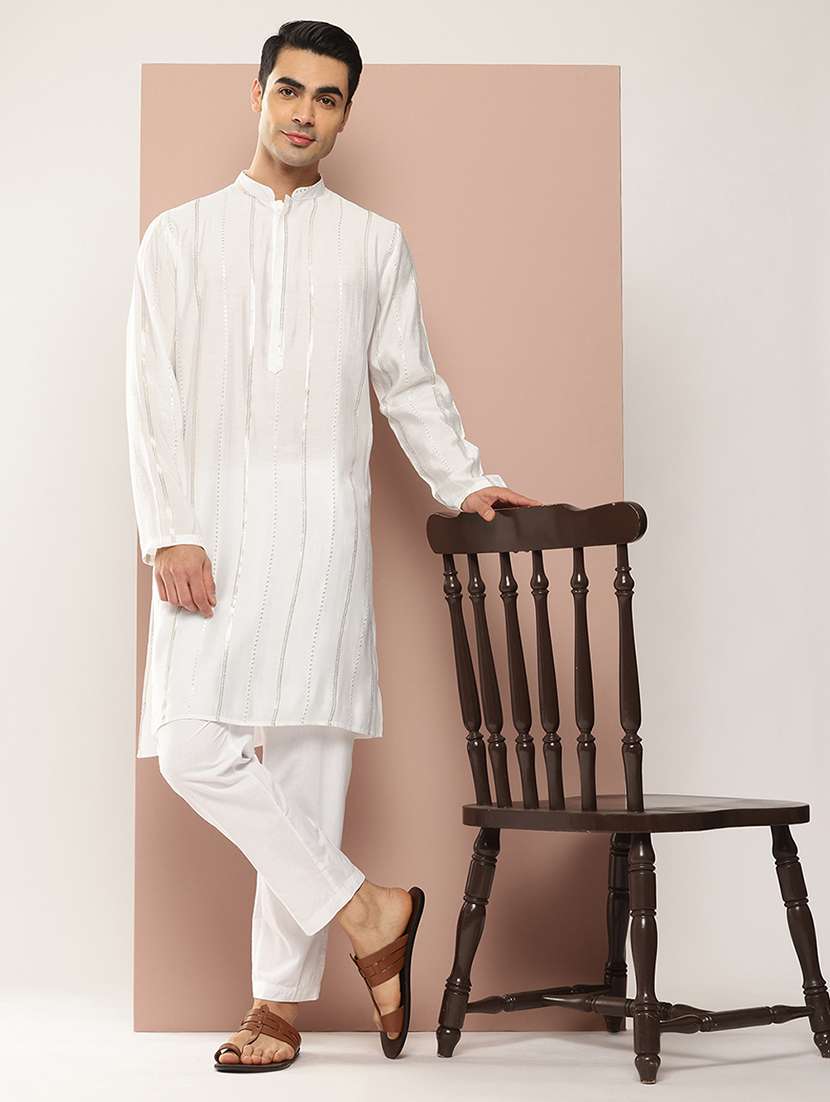 men solid with work mandarin neck kurta pyjama set