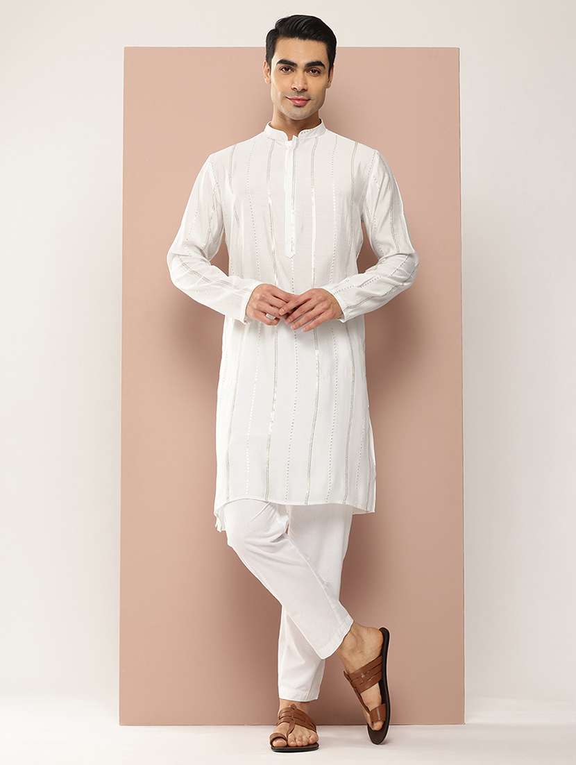 men solid with work mandarin neck kurta pyjama set - 22481312 -  Standard Image - 3