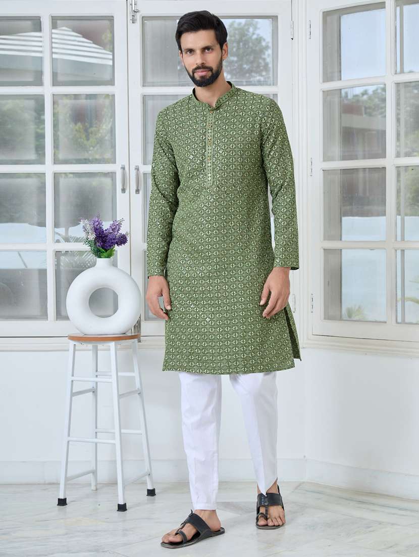 men solid with work mandarin neck kurta pyjama set