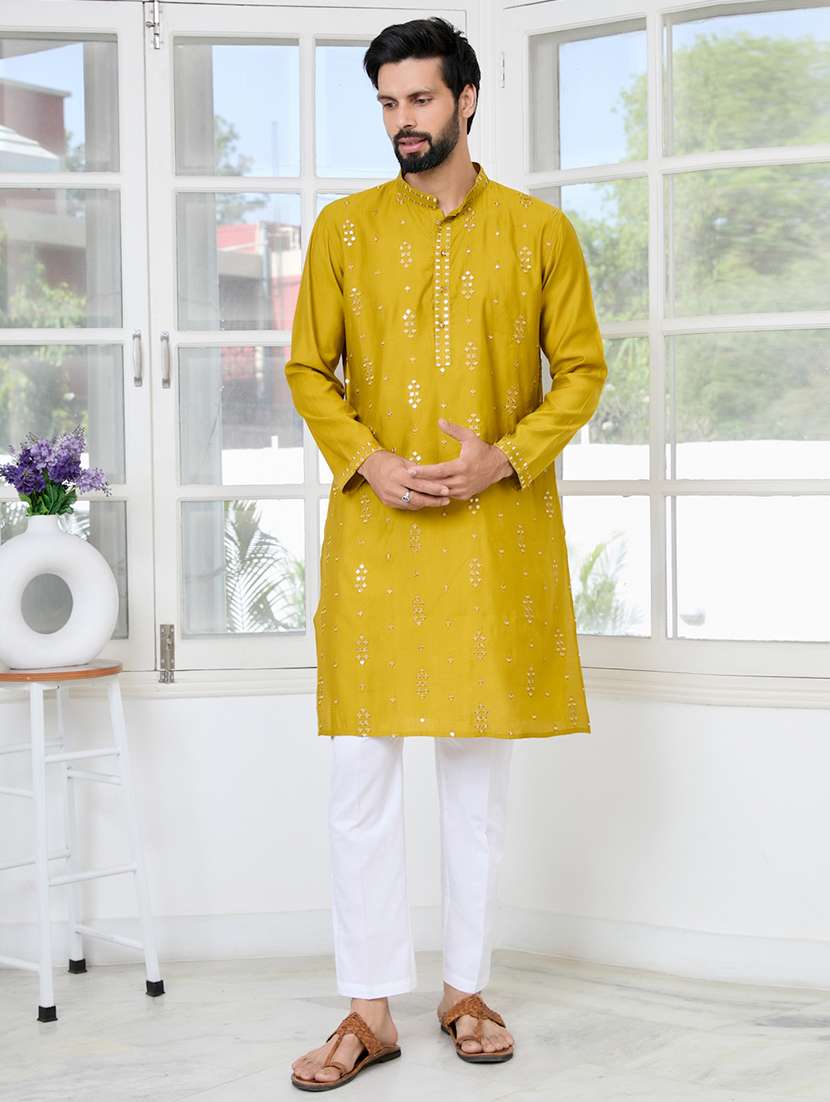 men solid with work mandarin neck kurta pyjama set