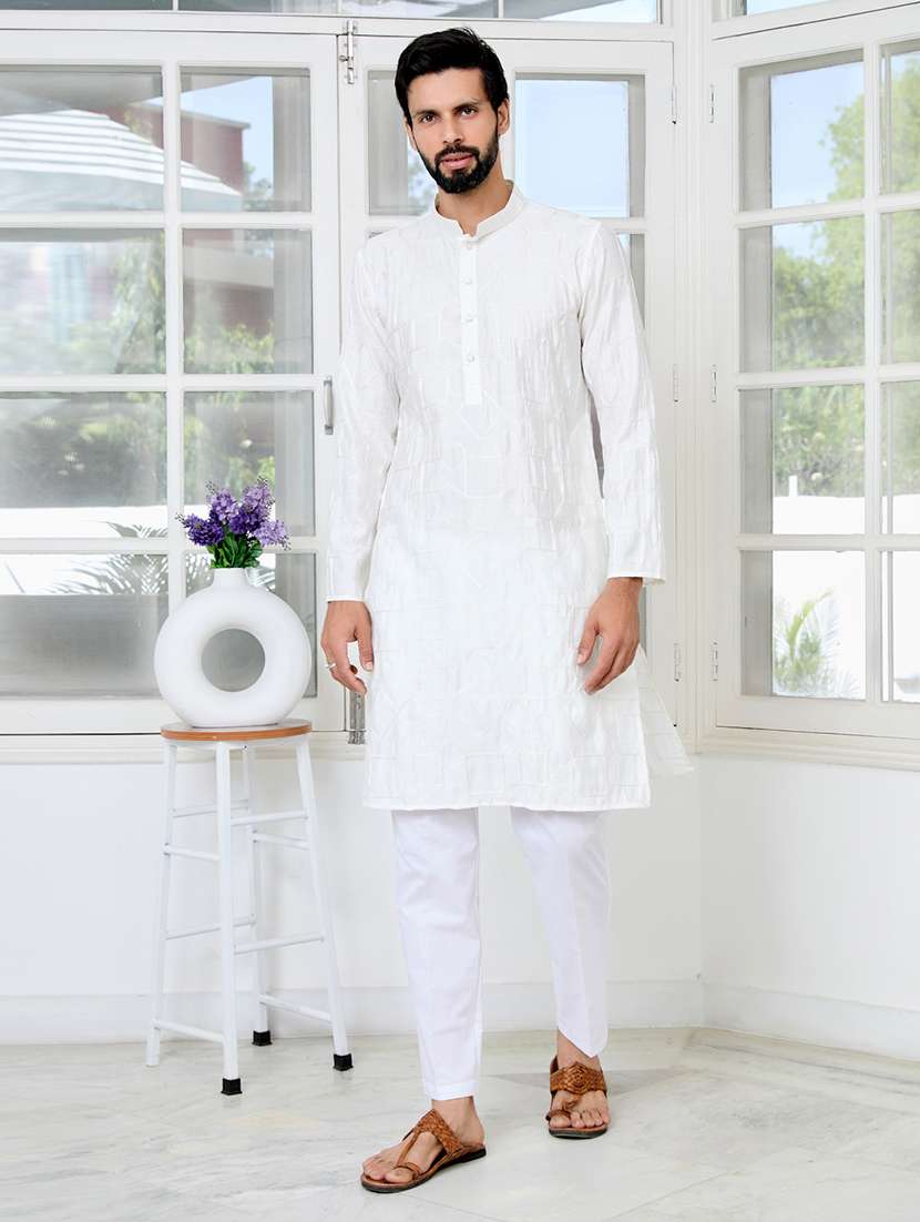 men solid with work mandarin neck kurta pyjama set