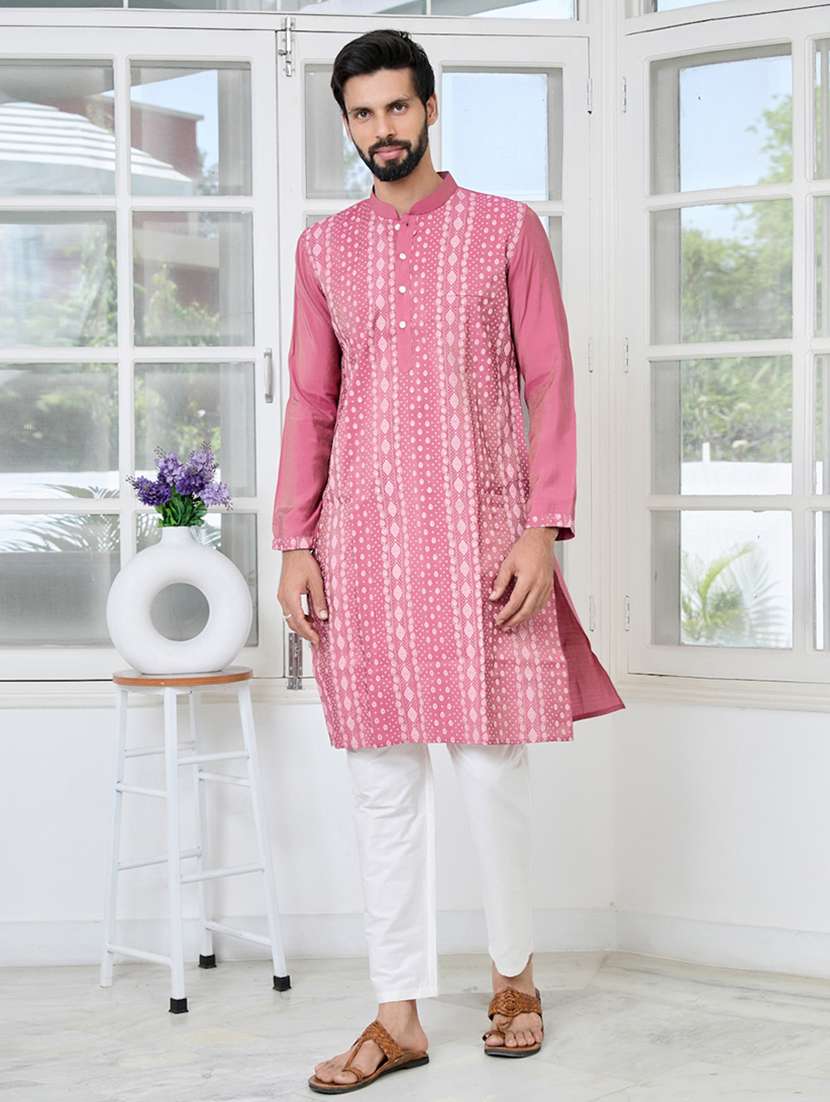 men solid with work mandarin neck kurta pyjama set
