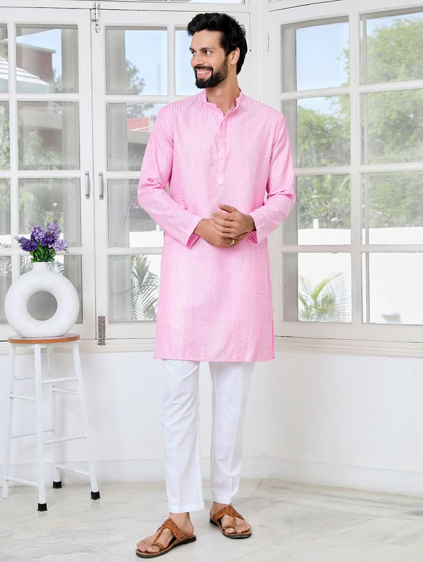 men solid with work mandarin neck kurta pyjama set