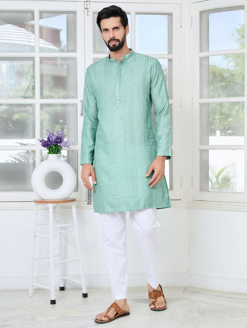 men solid with work mandarin neck kurta pyjama set