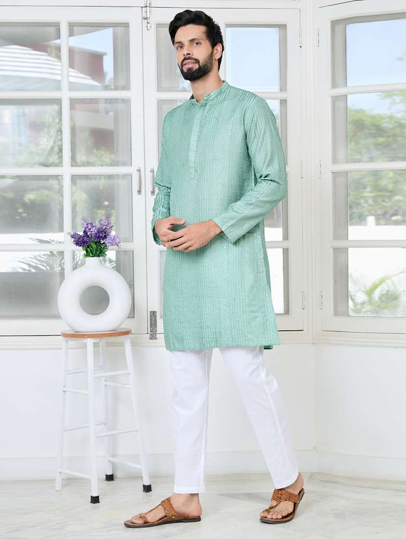 men solid with work mandarin neck kurta pyjama set - 22481365 -  Standard Image - 5