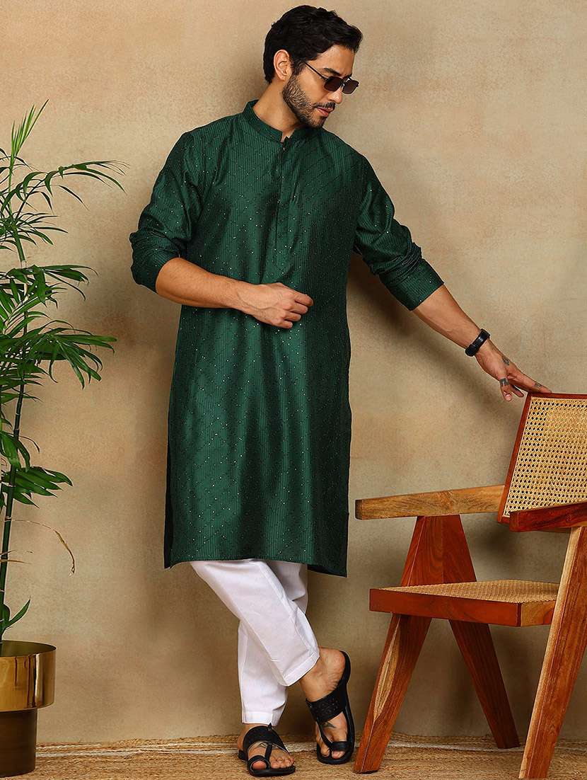 men solid with work mandarin neck kurta pyjama set