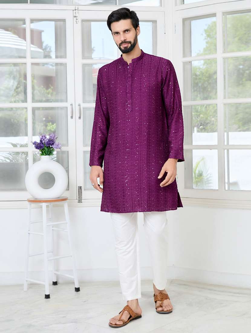 men solid with work mandarin neck kurta pyjama set