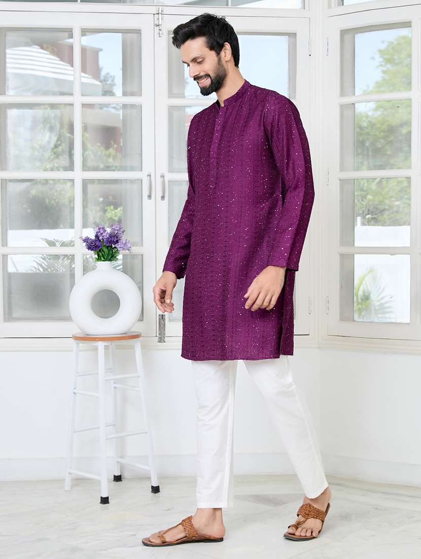 men solid with work mandarin neck kurta pyjama set - 22481367 -  Standard Image - 3