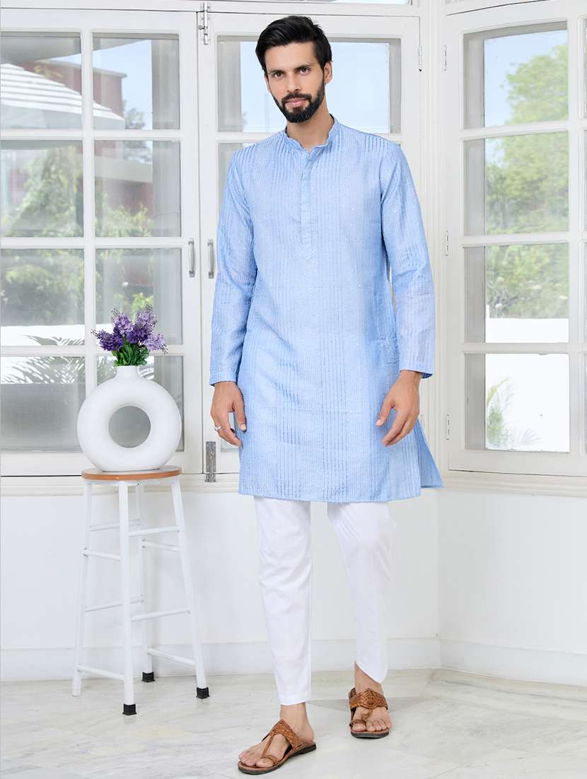 men solid with work mandarin neck kurta pyjama set