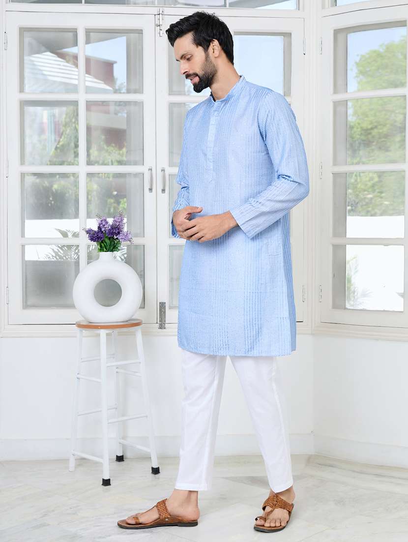 men solid with work mandarin neck kurta pyjama set - 22481368 -  Standard Image - 3