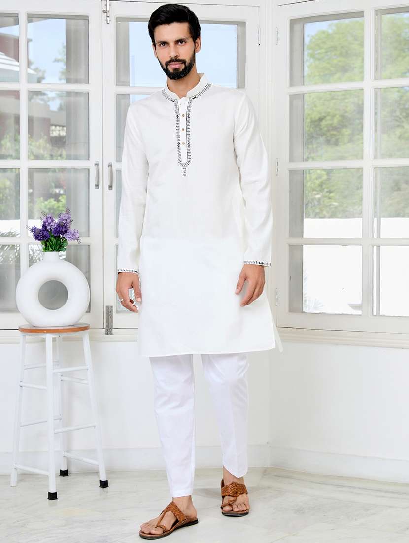 men solid with work mandarin neck kurta pyjama set