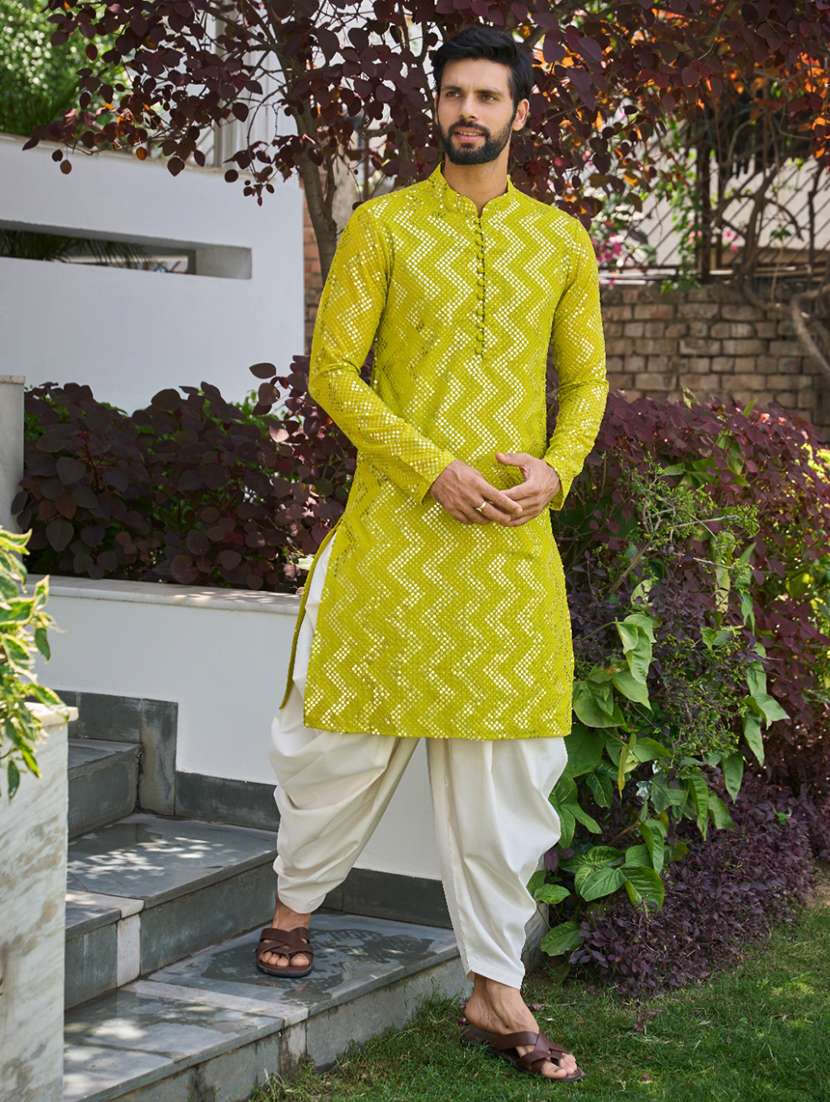 men solid with work mandarin neck kurta salwar set